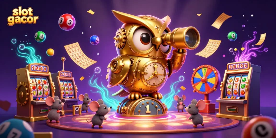 Experience slot gacor excitement with a golden owl overseeing a lively casino filled with spinning reels and vibrant games.