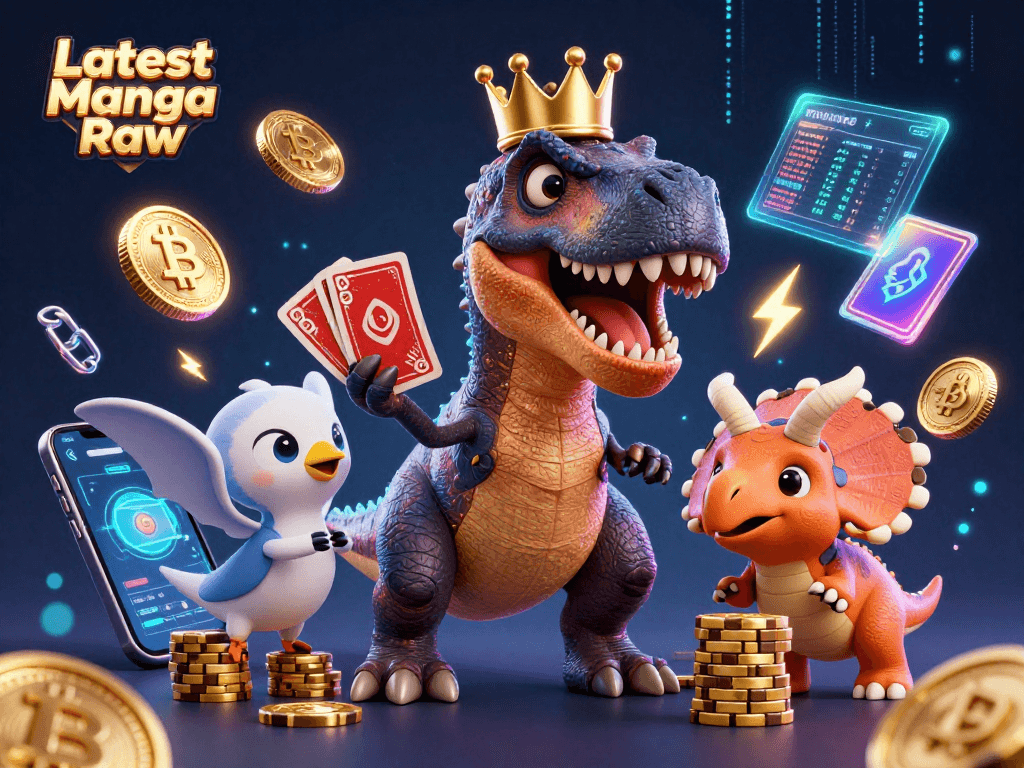 Latest Manga Raw illustration with a friendly T-Rex shuffling cards and a triceratops stacking chips in a vibrant casino setting.