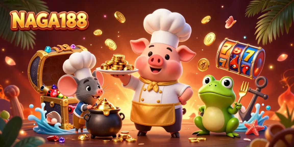 NAGA188 menampilkan ilustrasi kasino dengan karakter memasak dan harta karun, kasino online penuh warna