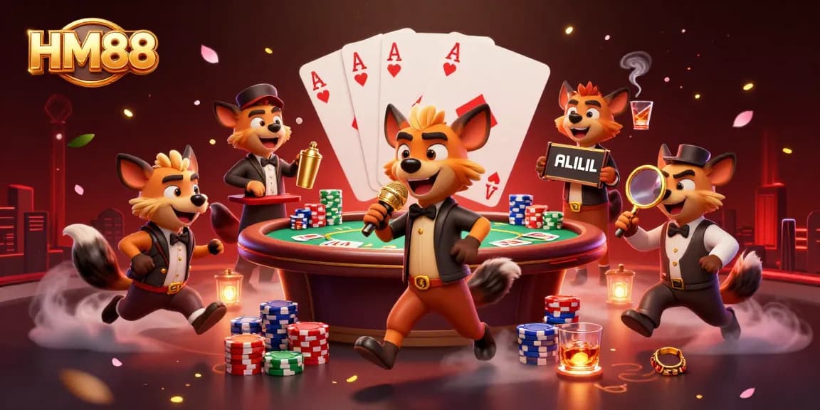 Engage in thrilling casino games at HM88, featuring lively hyenas in a vibrant comedy casino club scene.