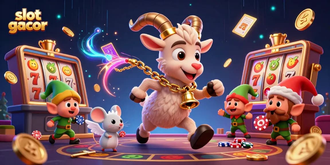Engaging slot gacor scene with Krampus goat and festive characters in a busy casino atmosphere.