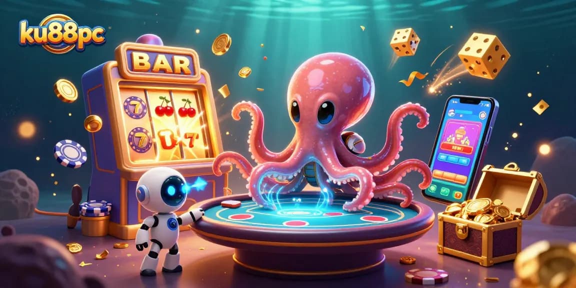 Engage with ku88pc's vibrant casino scene featuring an alien octopus and dynamic slot games.
