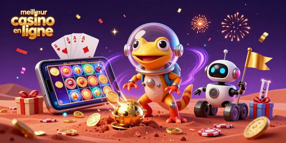 Découvrez le meilleur casino en ligne avec des jeux colorés et des jackpots scintillants dans une illustration immersive.