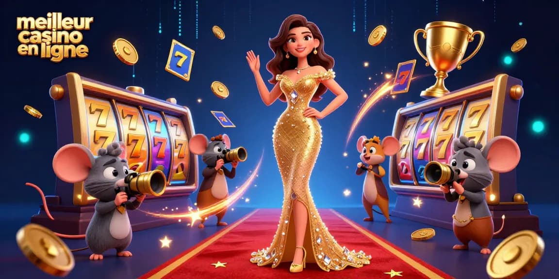 Plongez dans l'expérience de meilleur casino en ligne présentant une scène glamour avec des rouleaux de machines à sous et des éléments dorés.