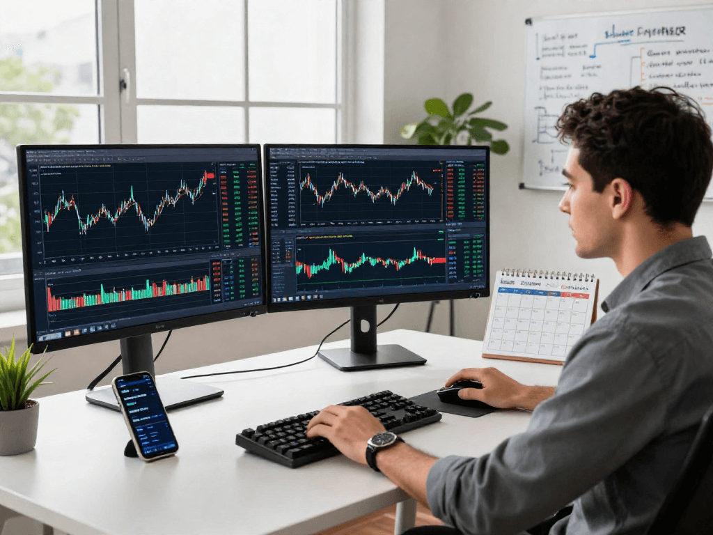 使用MetaTrader 5进行交易分析的专业交易桌,显示多个金融图表,营造活力与专注的气氛。