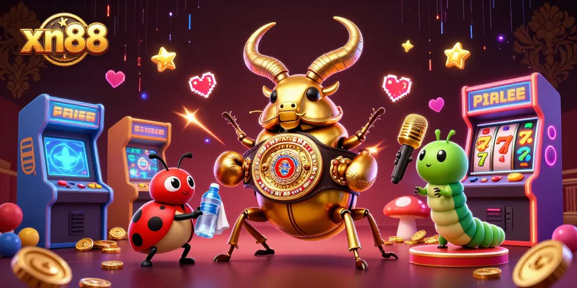 Engage with xn88's vibrant slots scene showing a golden stag beetle boxing with casino elements.