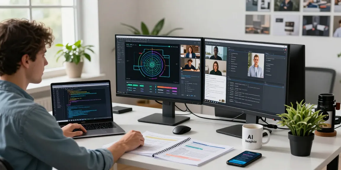 AI image detector interface displayed on multiple screens in a modern tech workspace, showcasing advanced moderation tools.