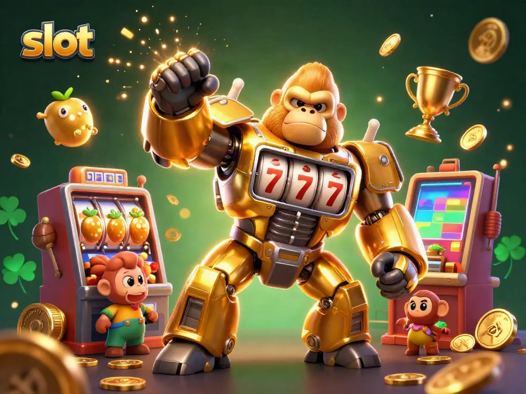 Gorila emas robot dari slot menunjukkan kemenangan dengan koin terbang dan simbol buah dalam ilustrasi 3D.