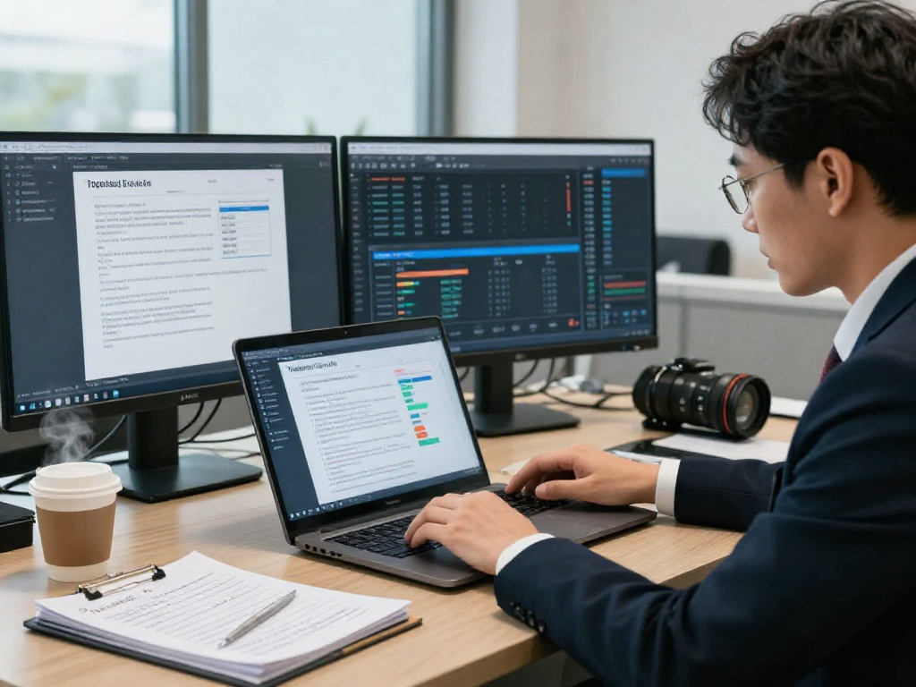 Compliance officer utilizing advanced document fraud detection software in a modern office setting.