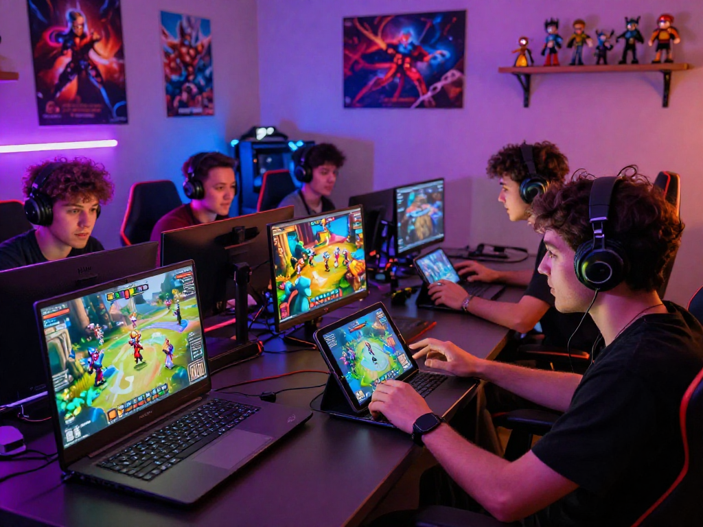 Gamers enjoying immersive porngames on various devices, vibrant gaming atmosphere.