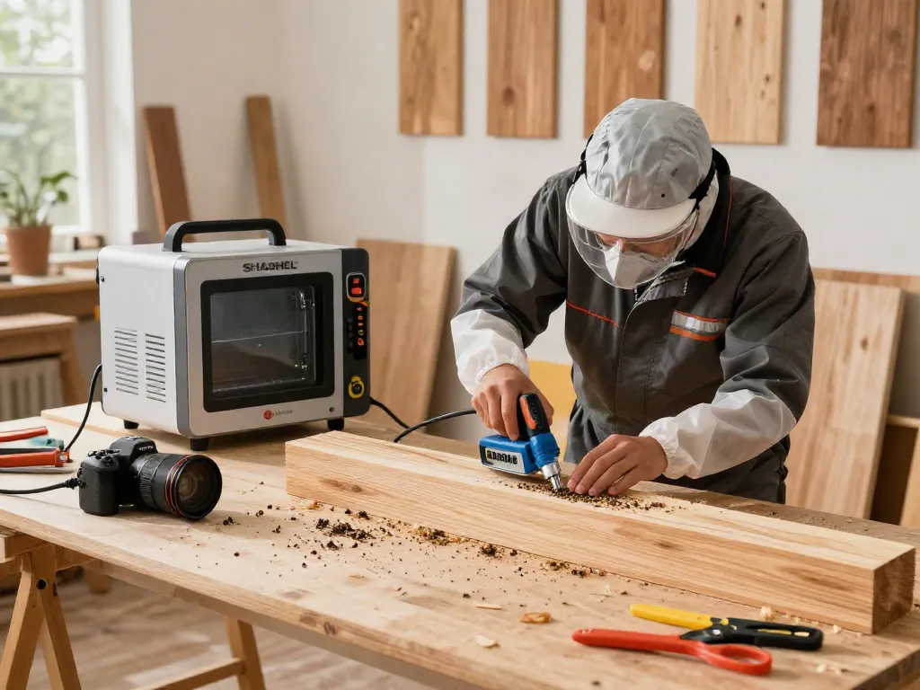 SHASHEL® microwave device eliminating wood-boring insects in a workshop setting, showcasing safe wood treatment methods.