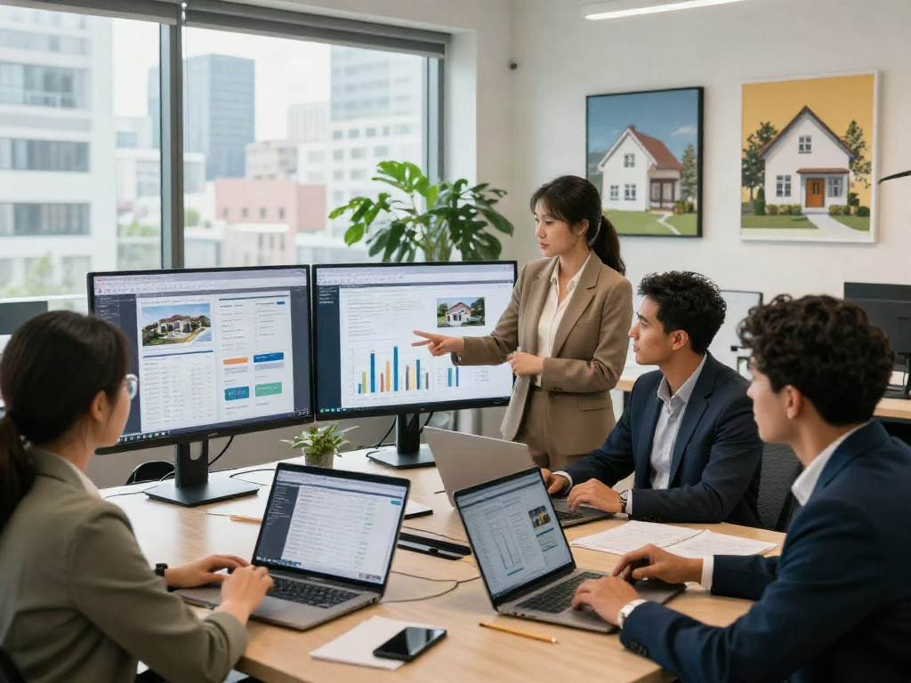 Dynamic real estate team discussing deposit 10k investment strategies in a modern office setting.