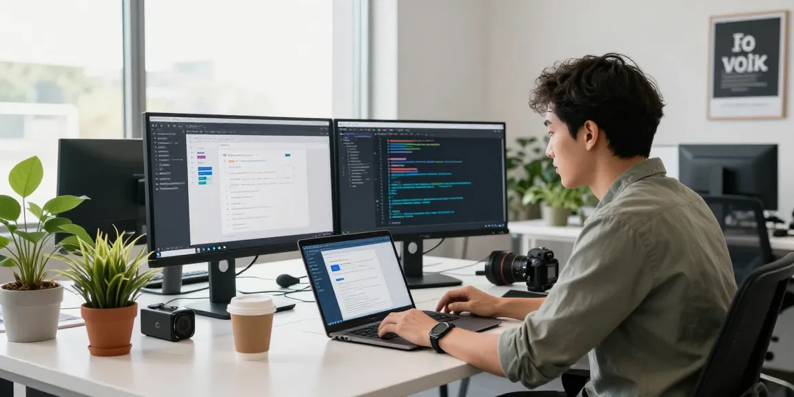 Engaged developer at workspace with application code on dual monitors showcasing teiegramin.com technology.