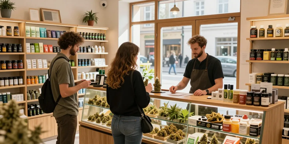 Where Can I Buy Strong THC Weed In Germany? Best Guide featuring a lively dispensary scene with customers exploring various cannabis products.
