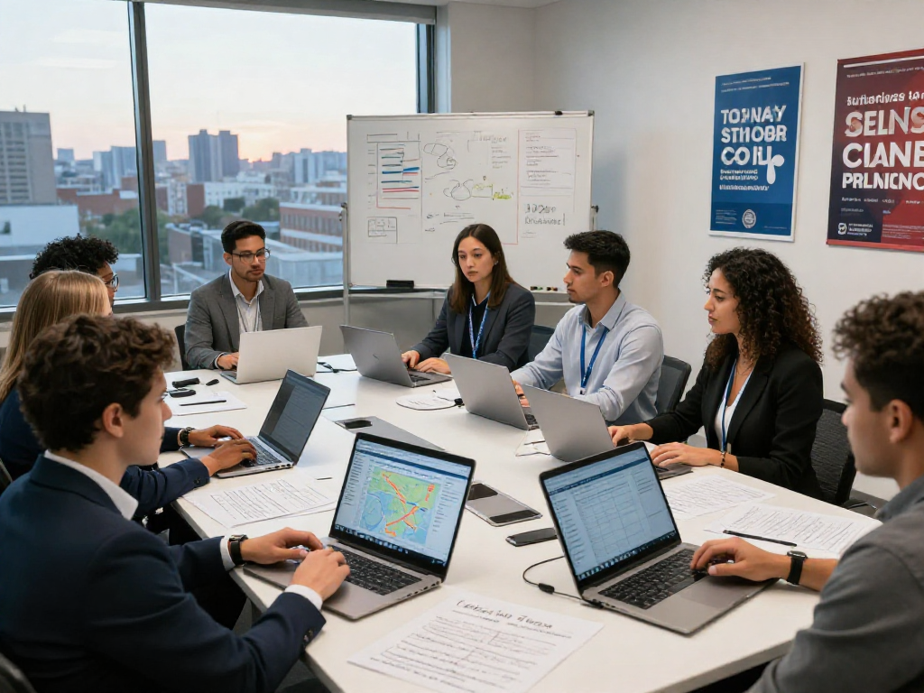 Team strategizing candidate reputation management in a bright conference room with data analytics displayed.