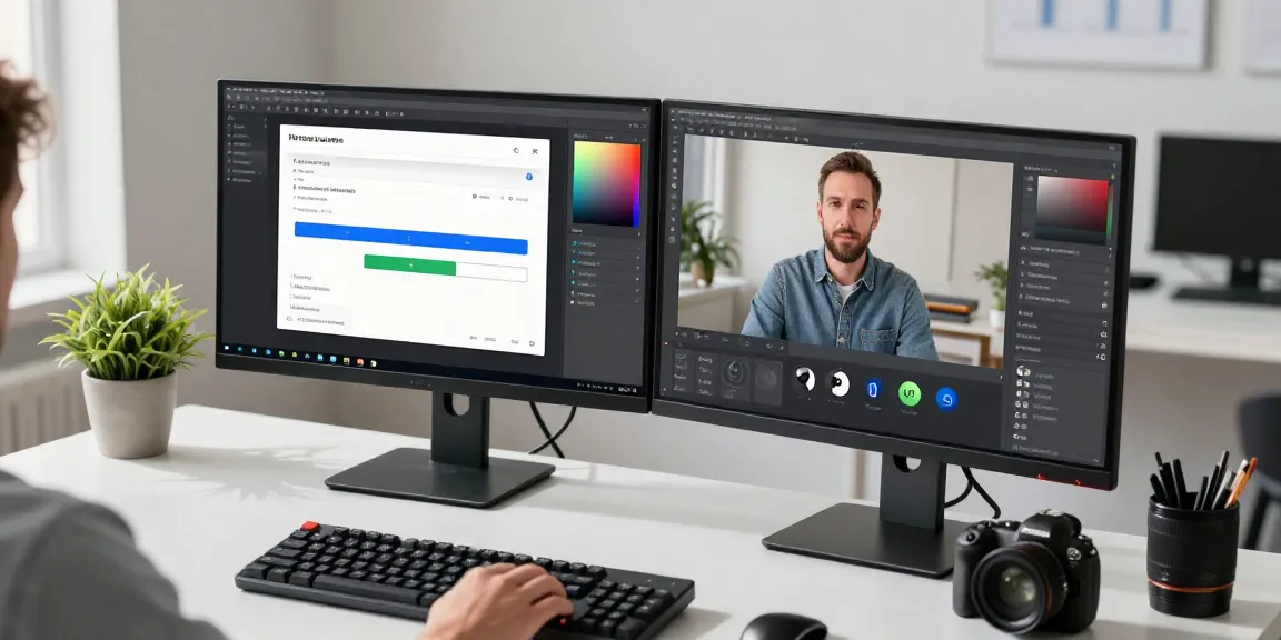 Efficient user employing a 截图工具 on dual monitors in a bright office.