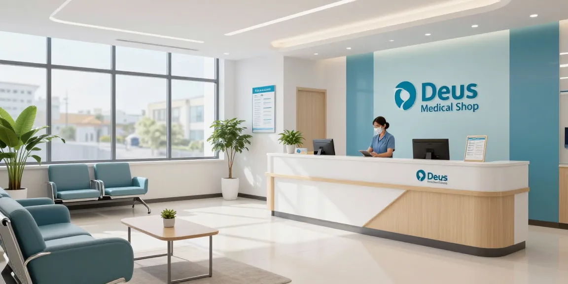 A welcoming scene at the Deus Medical Shop with healthcare professionals and patients in a modern reception area, showcasing quality medical services.