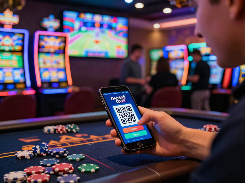 Dynamic casino gaming scene highlighting slot deposit QRIS activity with mobile app interaction and colorful slot machines