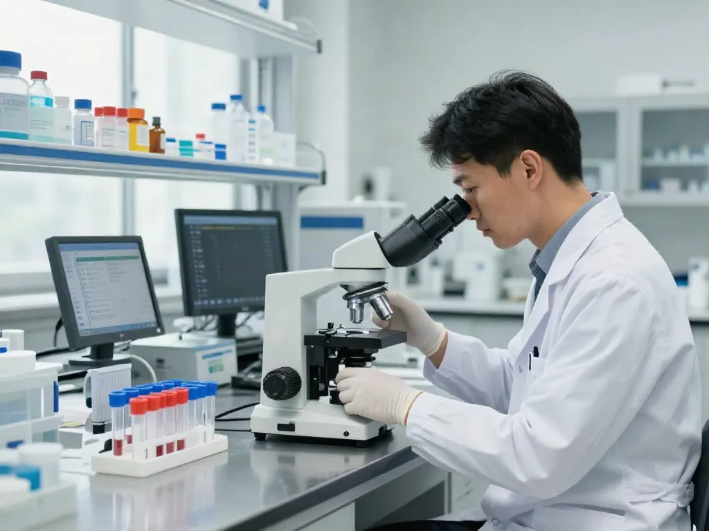 Laboratorio de análisis clínicos realizando pruebas con tecnología moderna y ambiente profesional.