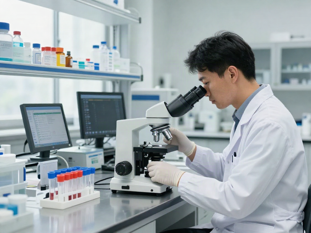 Laboratorio de análisis clínicos realizando pruebas con tecnología moderna y ambiente profesional.