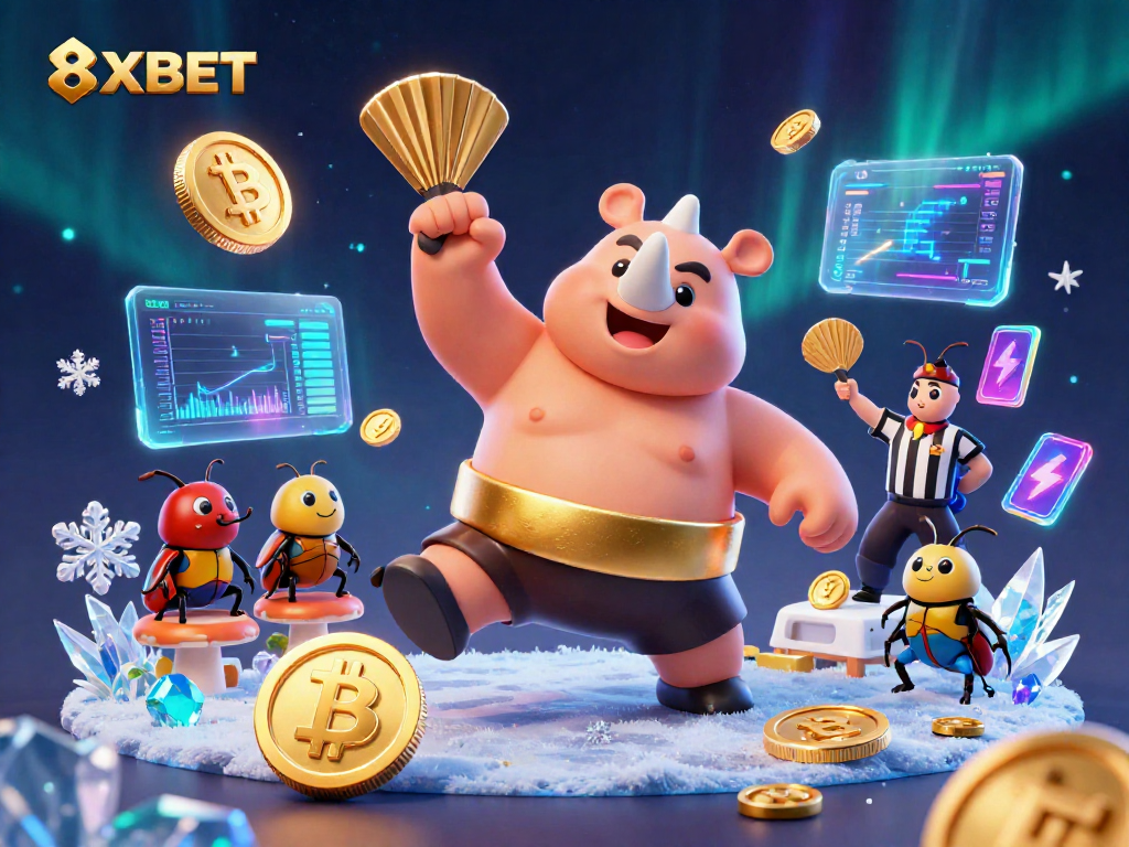 8XBET offers thrilling gameplay as a rhinoceros beetle champion sends coins flying in this dynamic casino scene.