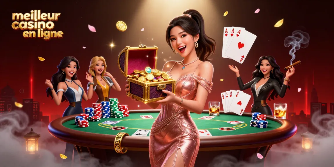 Rejoignez l'excitation du meilleur casino en ligne avec des trésors et des jeux vibrants capturés dans une illustration époustouflante.