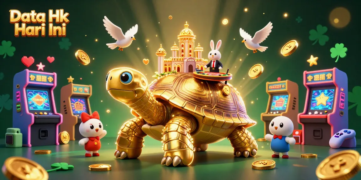 Engage in Data Hk Hari Ini with a vibrant scene featuring a golden tortoise casino, rabbit dealer, and gold coins.