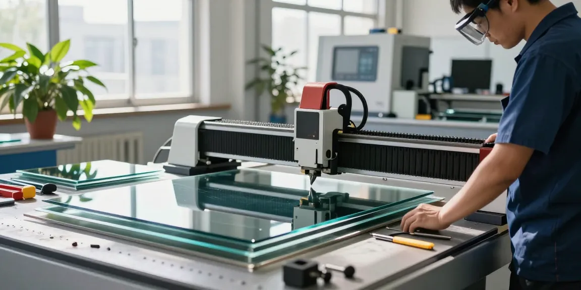 Technician operating a glass cutting table in a modern workshop, showcasing precise cuts and advanced machinery.
