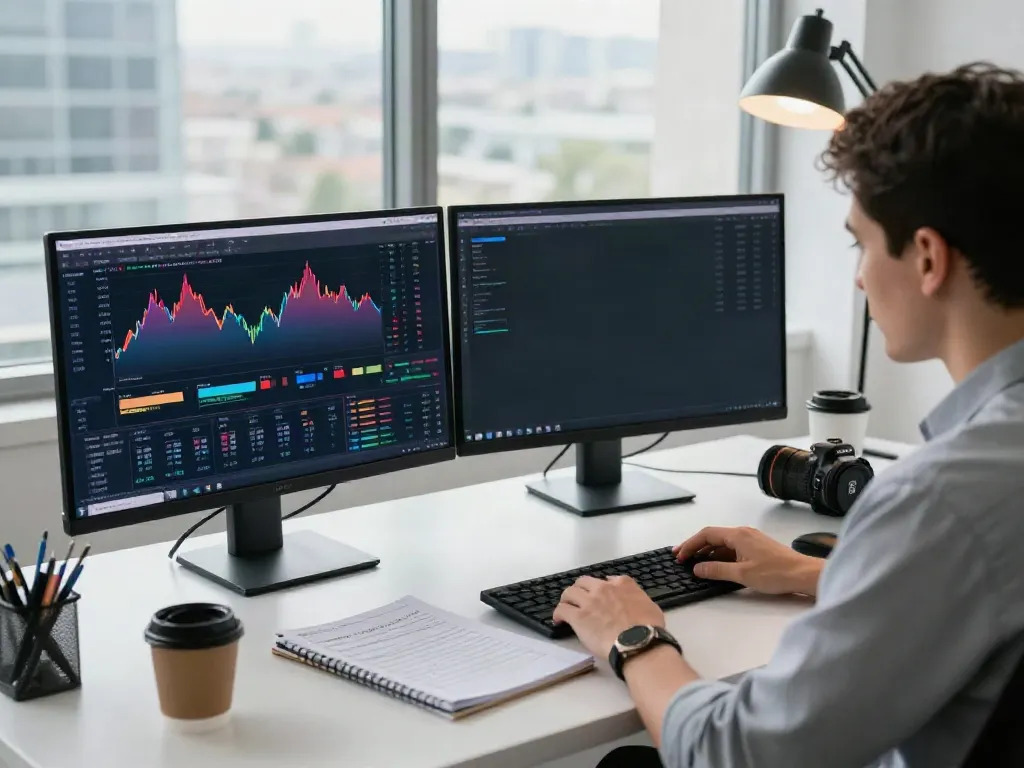 TradingView interface displayed on dual monitors in a modern trading workspace.