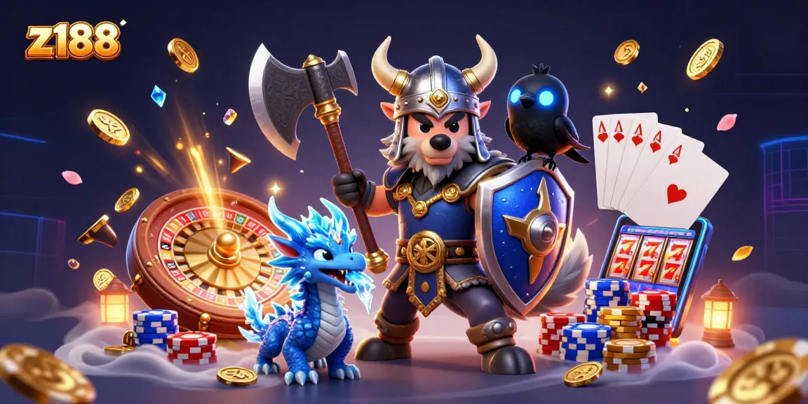 Experience thrilling gameplay at z188 with a Viking warrior, dragon, and shimmering casino elements.
