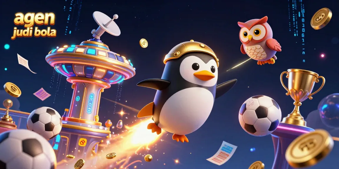 Join the excitement of agen judi bola with an energetic 3D illustration featuring betting slips and trophies.
