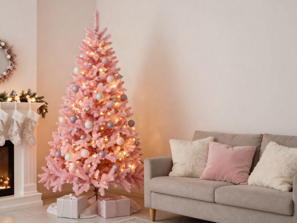 Elegant light pink Christmas tree illuminated in a festive living room setting.