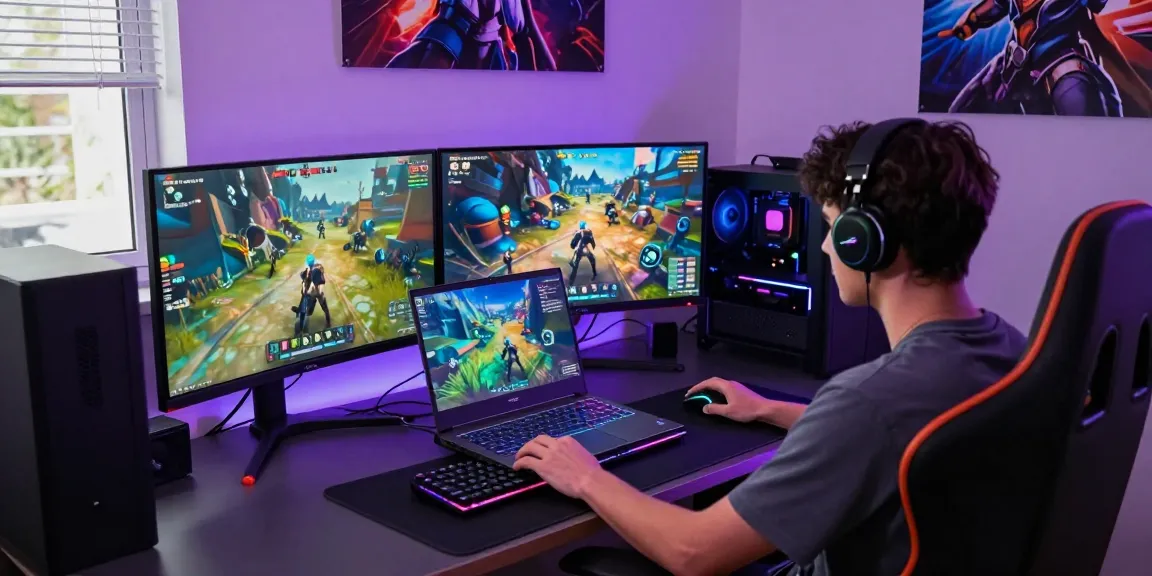 The gamer engaged with PAKDE4D in an immersive, high-tech gaming environment featuring vibrant monitors and RGB lighting.