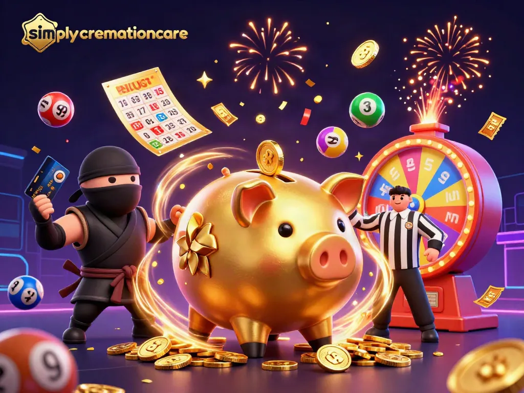 Guncangkan kemenangan dengan simplycremationcare dalam ilustrasi kasino meriah dan dinamis.