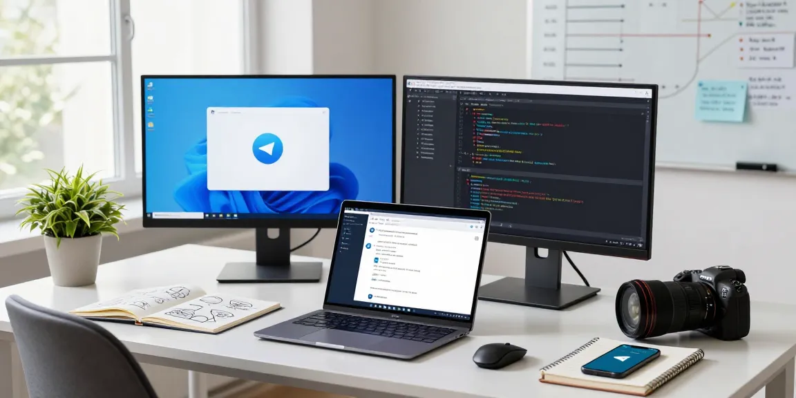 Workspace featuring a user engaging with the Telegram China desktop app, showcasing interface and productivity elements.