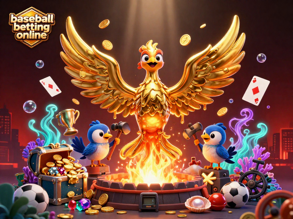 Bet on baseball betting online with an epic phoenix emerging from gold, showcasing rich visuals and excitement.