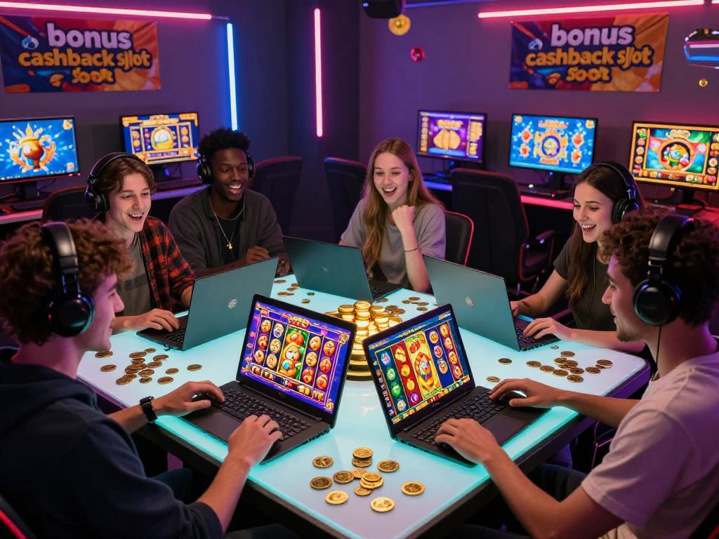 Diverse players enjoying online slots with vibrant bonus cashback slot promotions, highlighting excitement and winning atmosphere.