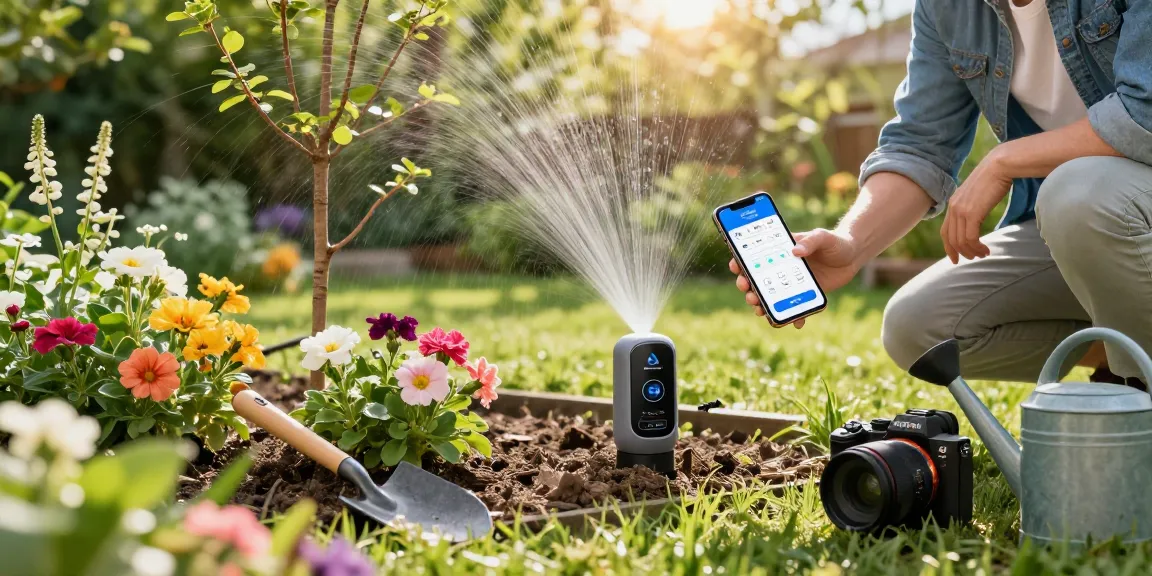 Setting up a rainpoint sprinkler timer in a vibrant garden with blooming flowers and trees.