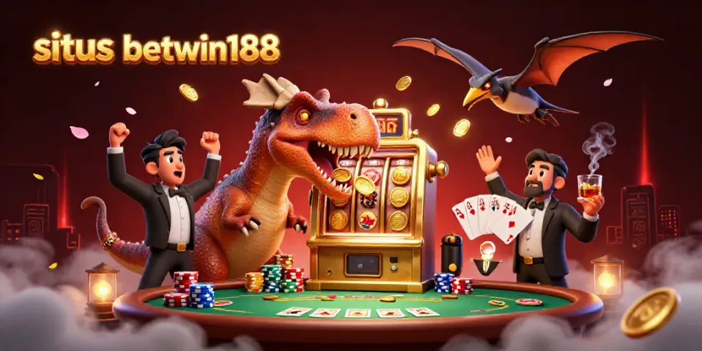 Visualisasi situs betwin188 dengan dinosaurus bermain slot jackpot di kasino.