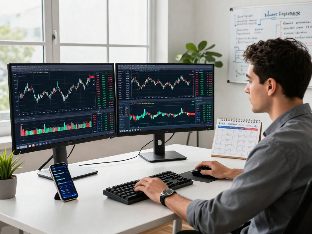 使用MetaTrader 5进行交易分析的专业交易桌，显示多个金融图表，营造活力与专注的气氛。