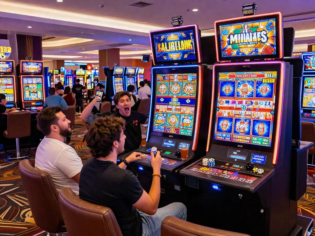 Players celebrating slot jackpot wins in a vibrant casino setting with colorful machines.
