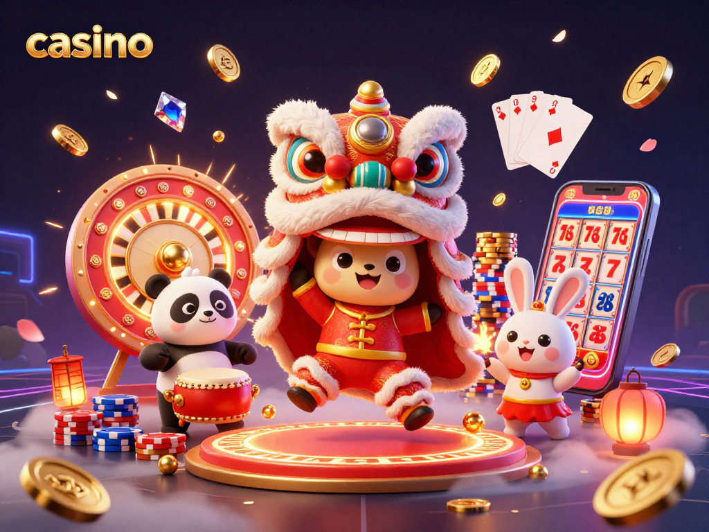 Cute characters celebrate at a casino with a lion dance while coins and poker chips cascade around them