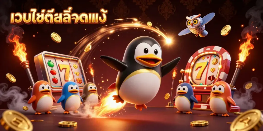 ภาพ 3D ของเว็บไซต์สล็อตแท้ที่มีเพนกวินทองคำบินผ่านอวกาศพร้อมเหรียญทอง