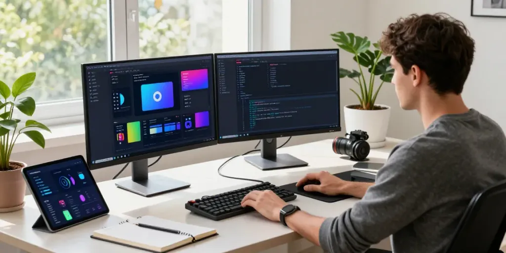 Developer coding on dual monitors in a vibrant workspace, showcasing free Android apps from h5.2113.net.
