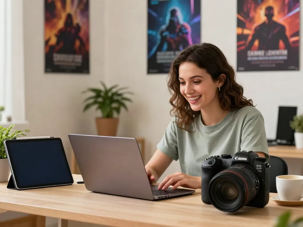 Young woman engaged in creating OnlyFans leaks content in a vibrant home office.