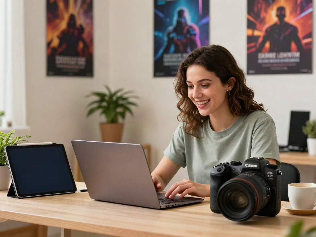 Young woman engaged in creating OnlyFans leaks content in a vibrant home office.
