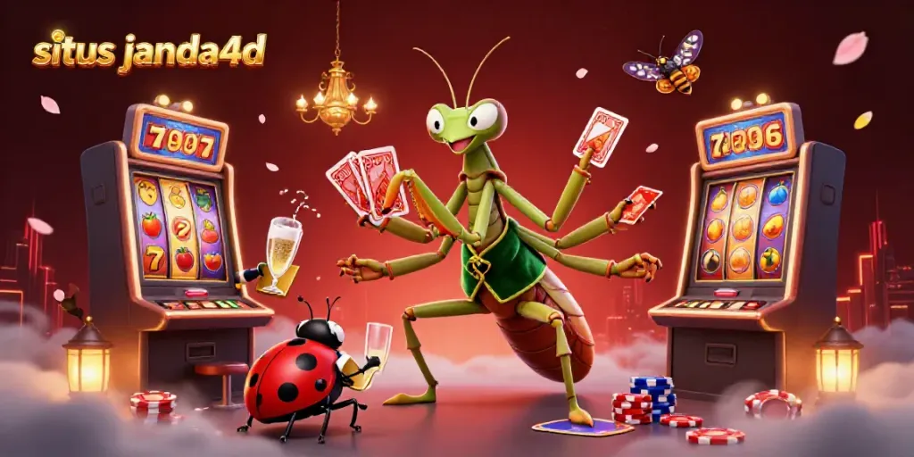 Permainan di situs janda4d: ilustrasi 3D dari karakter kasino yang menarik dengan mesin slot dan simbol keberuntungan.