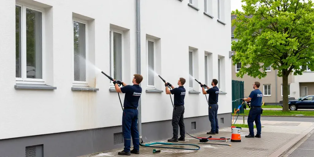 Fassadenreinigungsfirma in Bochum reinigt ein Gebäude mit Hochdruckreinigung.