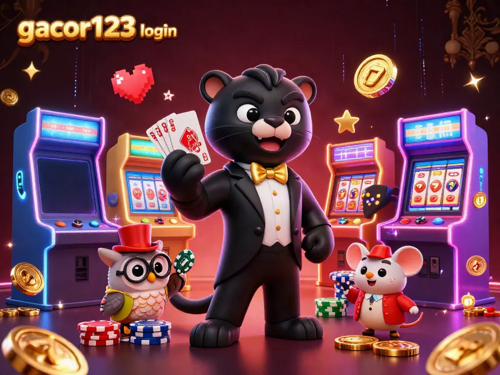 Engage with gacor123 login through a vibrant casino illustration featuring a panther, owl, and mouse.
