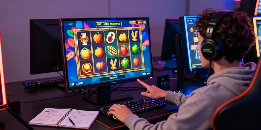 Player enjoying slot gacor game with vibrant graphics and potential jackpots in a modern gaming setup.